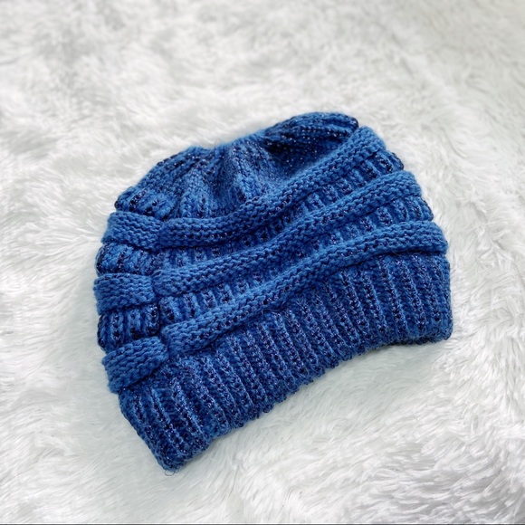 C.C Knit Ponytail Beanie in Blue - Picture 3 of 5